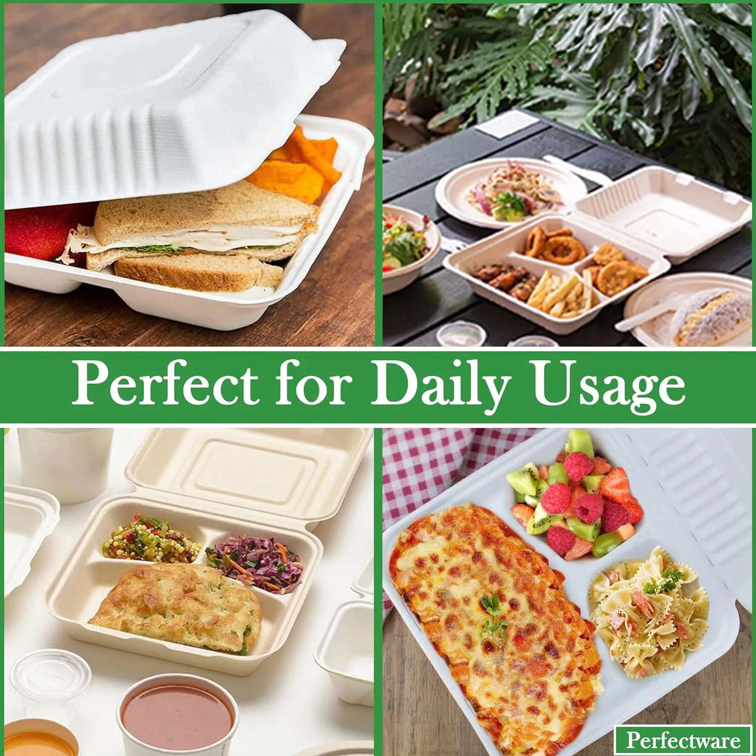 100% Compostable 3 Comp Take Out Food Containers 9x9x3, Natural Disposable Bagasse, Eco-Friendly Biodegradable Made of Sugar Cane