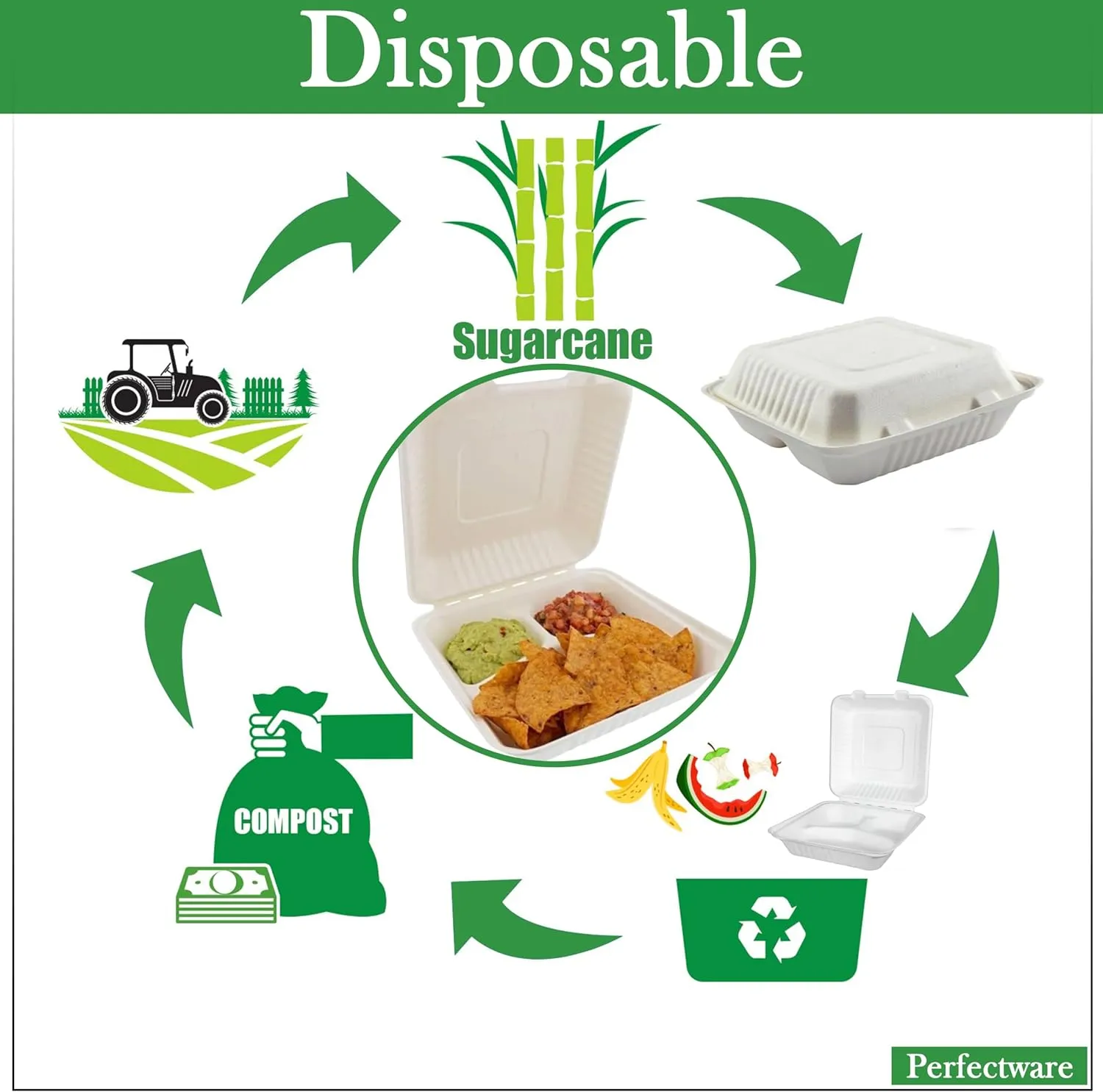 100% Compostable 3 Comp Take Out Food Containers 9x9x3, Natural Disposable Bagasse, Eco-Friendly Biodegradable Made of Sugar Cane