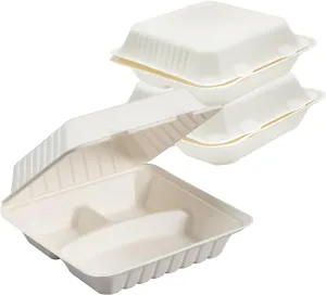 100% Compostable 3 Comp Take Out Food Containers 9x9x3, Natural Disposable Bagasse, Eco-Friendly Biodegradable Made of Sugar Cane