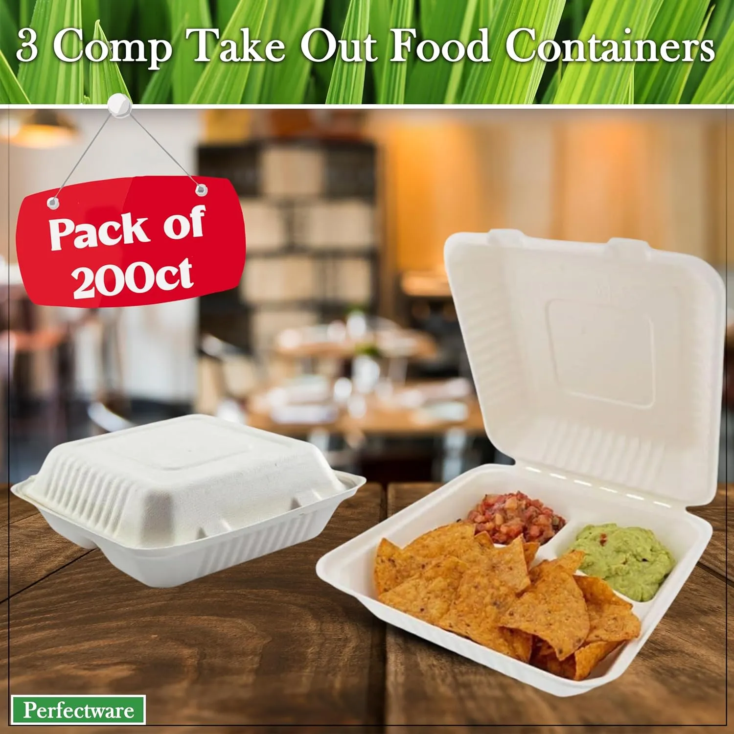 100% Compostable 3 Comp Take Out Food Containers 9x9x3, Natural Disposable Bagasse, Eco-Friendly Biodegradable Made of Sugar Cane