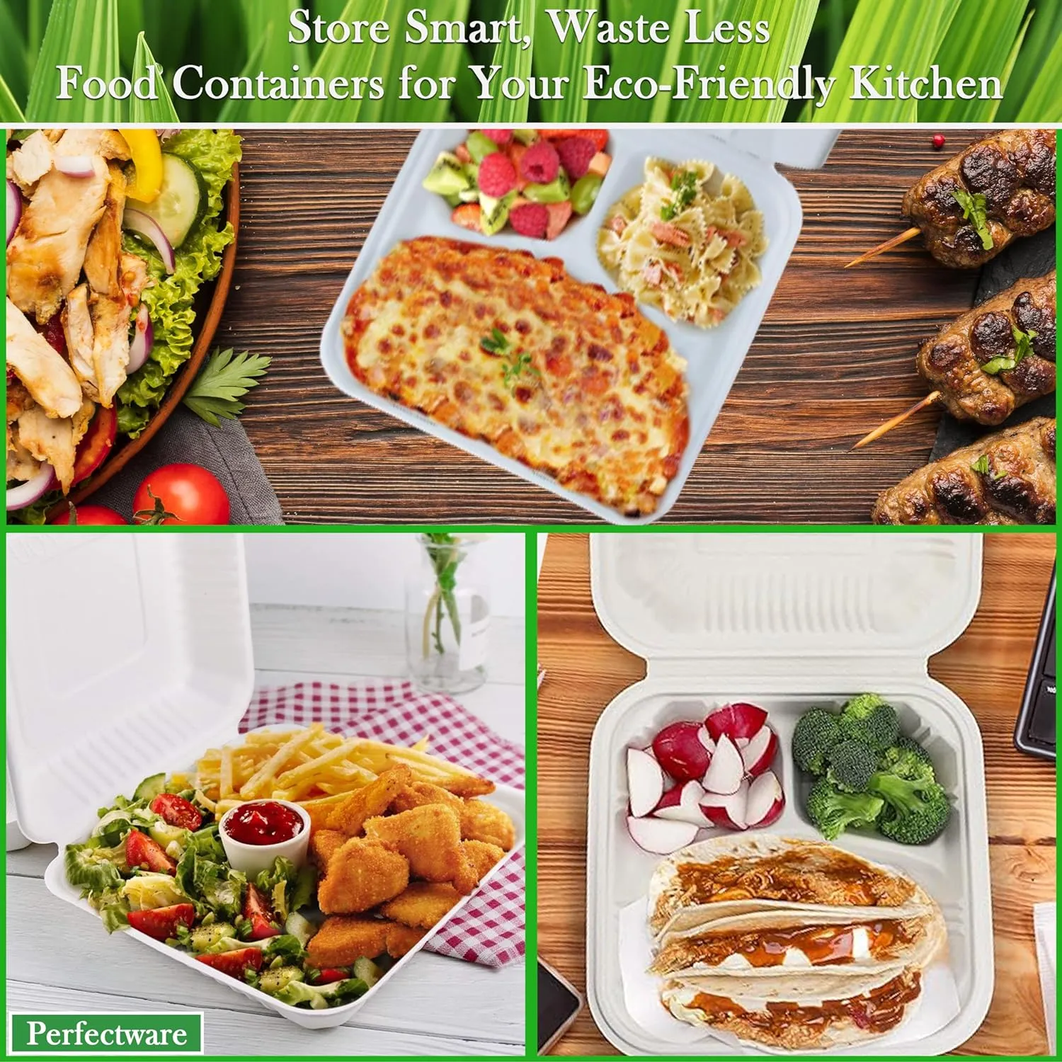 100% Compostable 3 Comp Take Out Food Containers 9x9x3, Natural Disposable Bagasse, Eco-Friendly Biodegradable Made of Sugar Cane