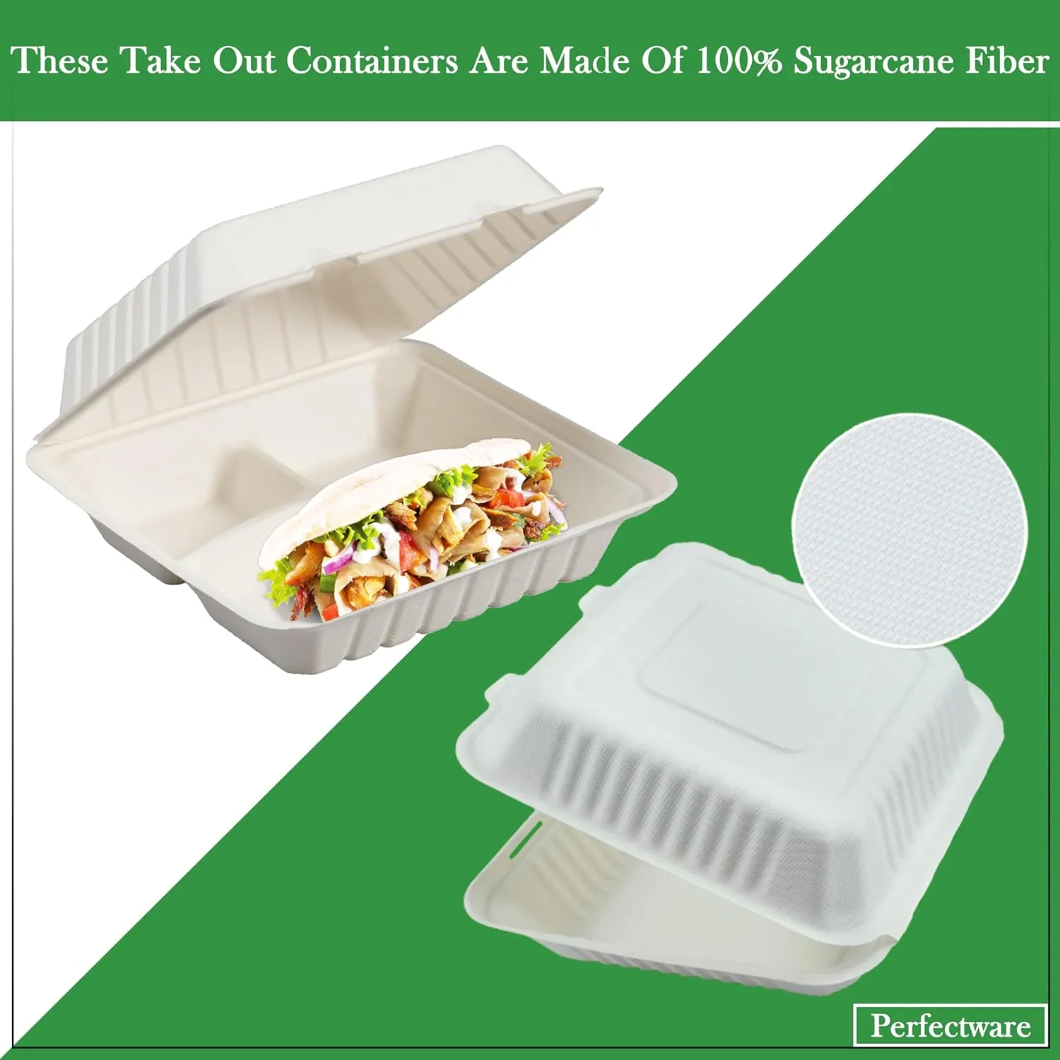 100% Compostable 3 Comp Take Out Food Containers 9x9x3, Natural Disposable Bagasse, Eco-Friendly Biodegradable Made of Sugar Cane