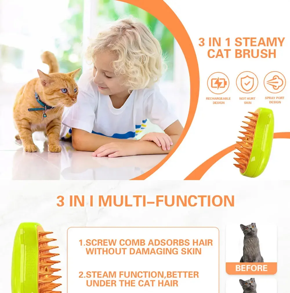 3-in-1 Electric Steamy Brush for Cats & Dogs – Steam Brush, Sprayer, and Massaging Pet Grooming Tool for Shedding