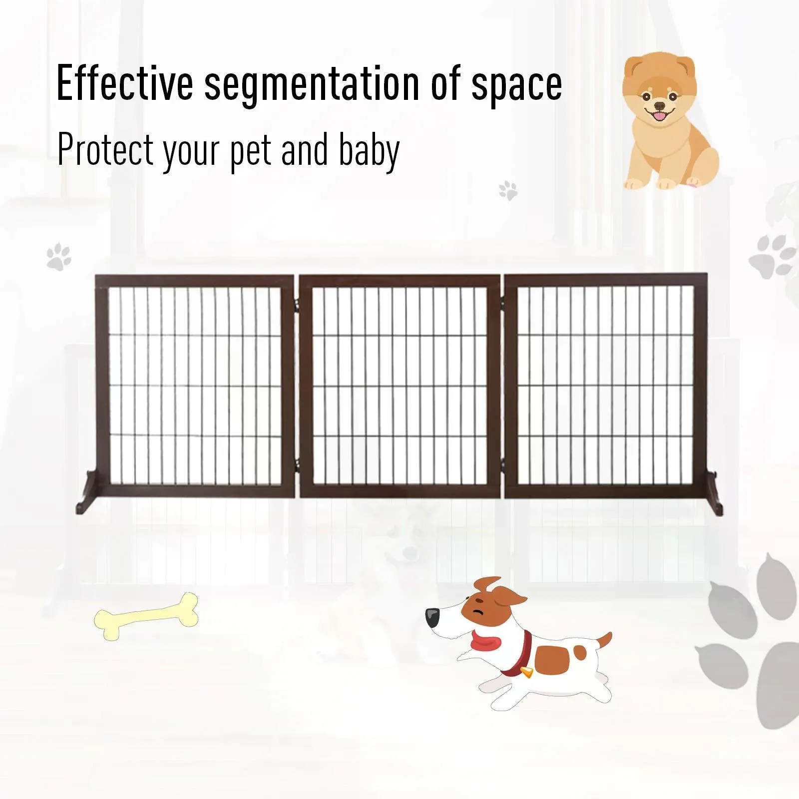 3 Panel Pet Gate Pine Frame Indoor Foldable Dog Barrier w/Supporting Foot Dividing Line Aisles Stairs