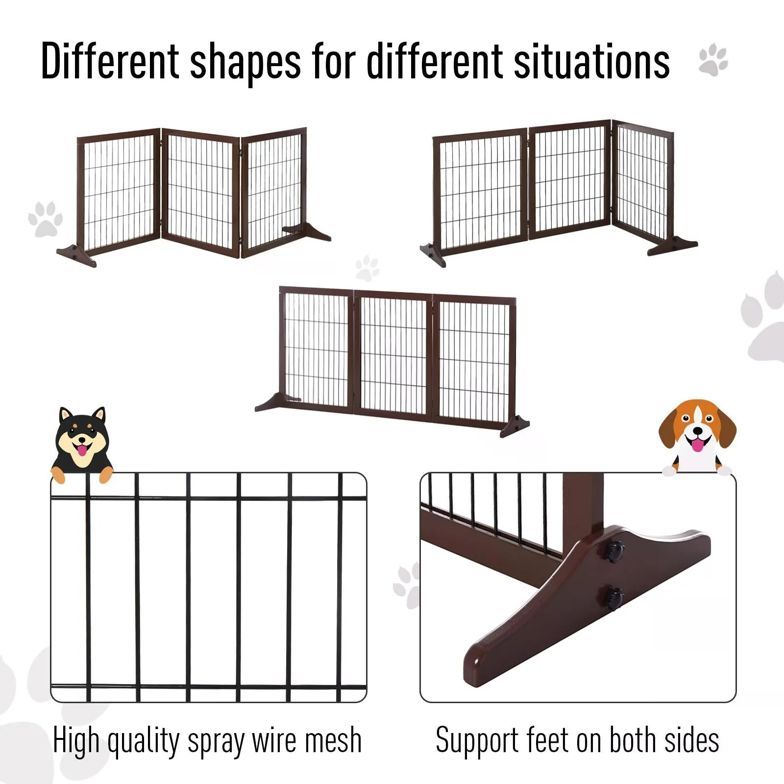 3 Panel Pet Gate Pine Frame Indoor Foldable Dog Barrier w/Supporting Foot Dividing Line Aisles Stairs