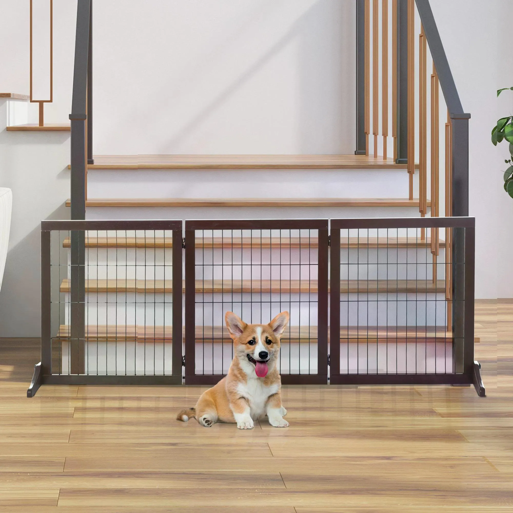 3 Panel Pet Gate Pine Frame Indoor Foldable Dog Barrier w/Supporting Foot Dividing Line Aisles Stairs