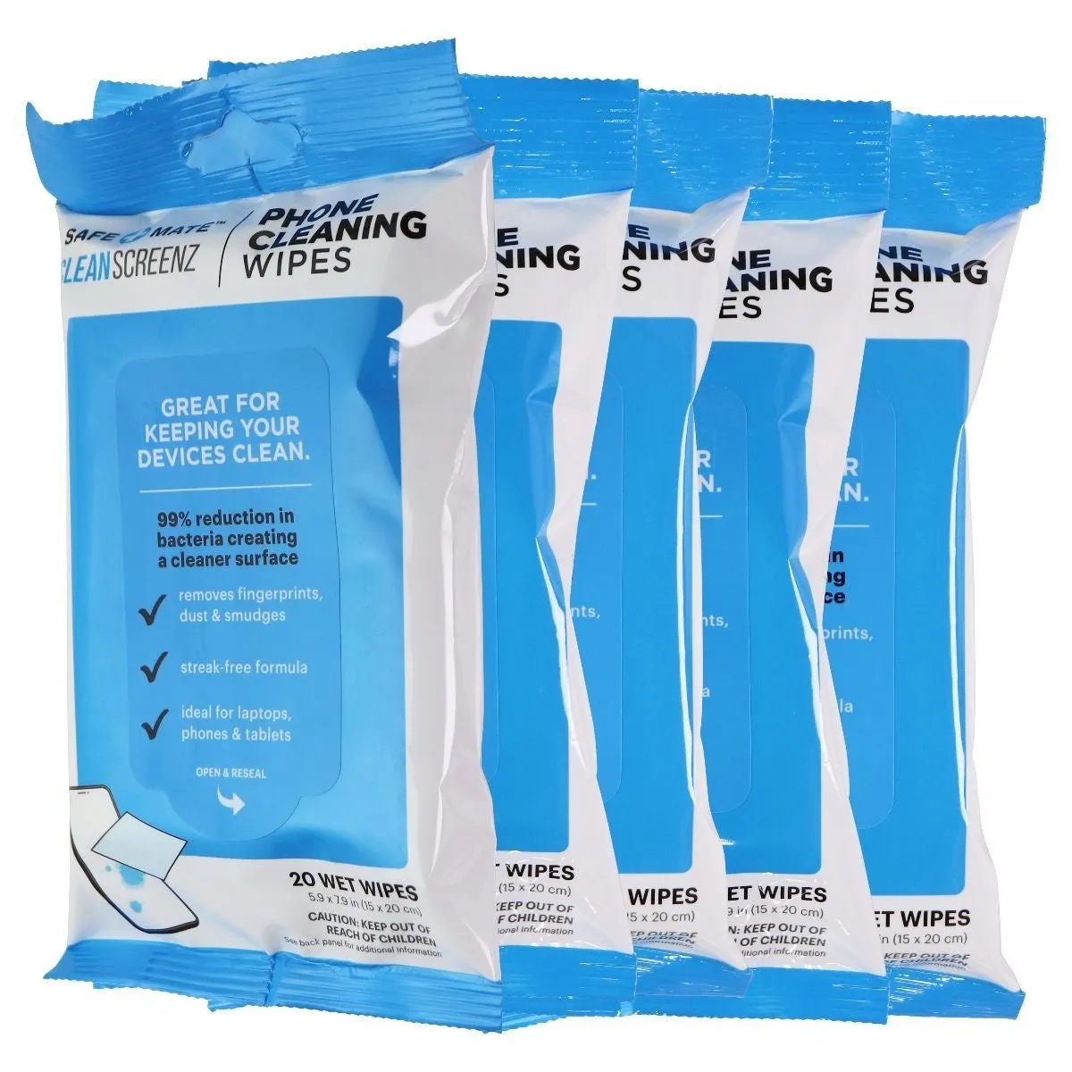 5 Packs of SafeMate Screenz Phone Cleaning Wipes (20 Wipe Per Pack, 5.9x7.9in)