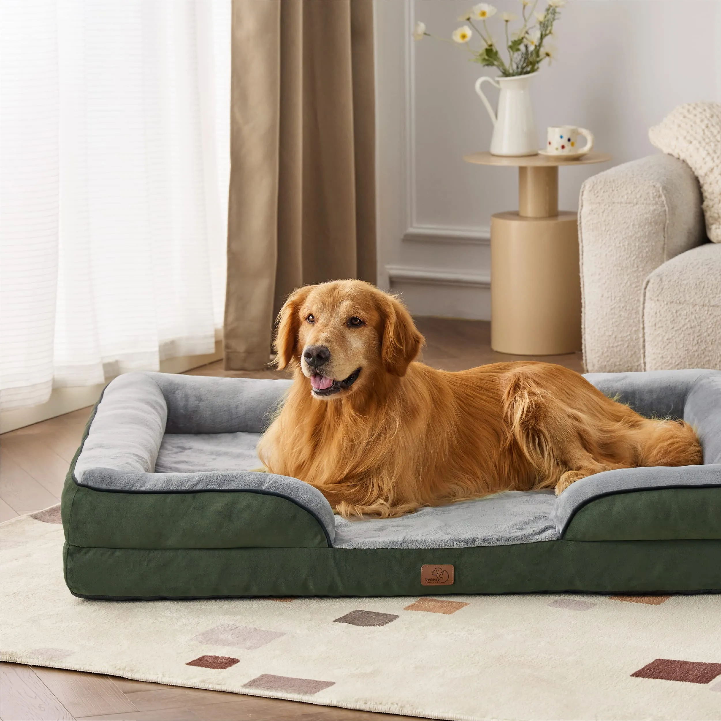 Bedsure XXL Orthopedic Dog Bed - Washable Great Dane Dog Sofa Bed for Giant Dogs, Supportive Foam Pet Couch Bed with Removable Washable Cover, Waterproof Lining and Nonskid Bottom, Dark Green