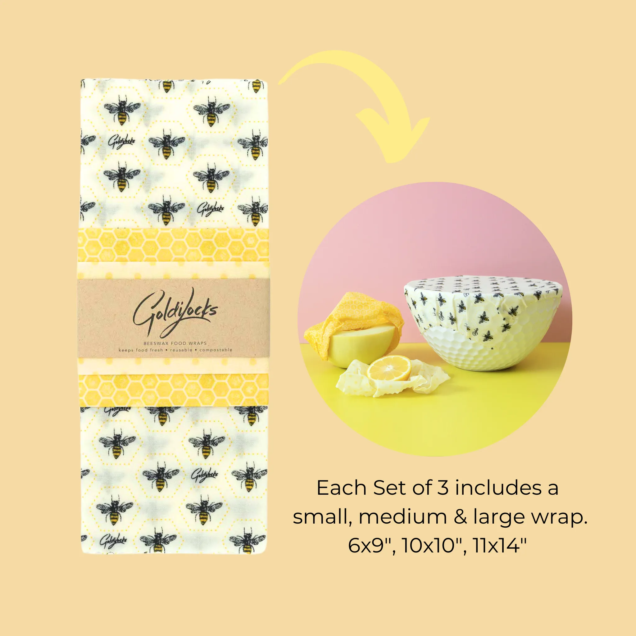 Beeswax Food Wraps: Avocado, Cheese & Onion Set of 3