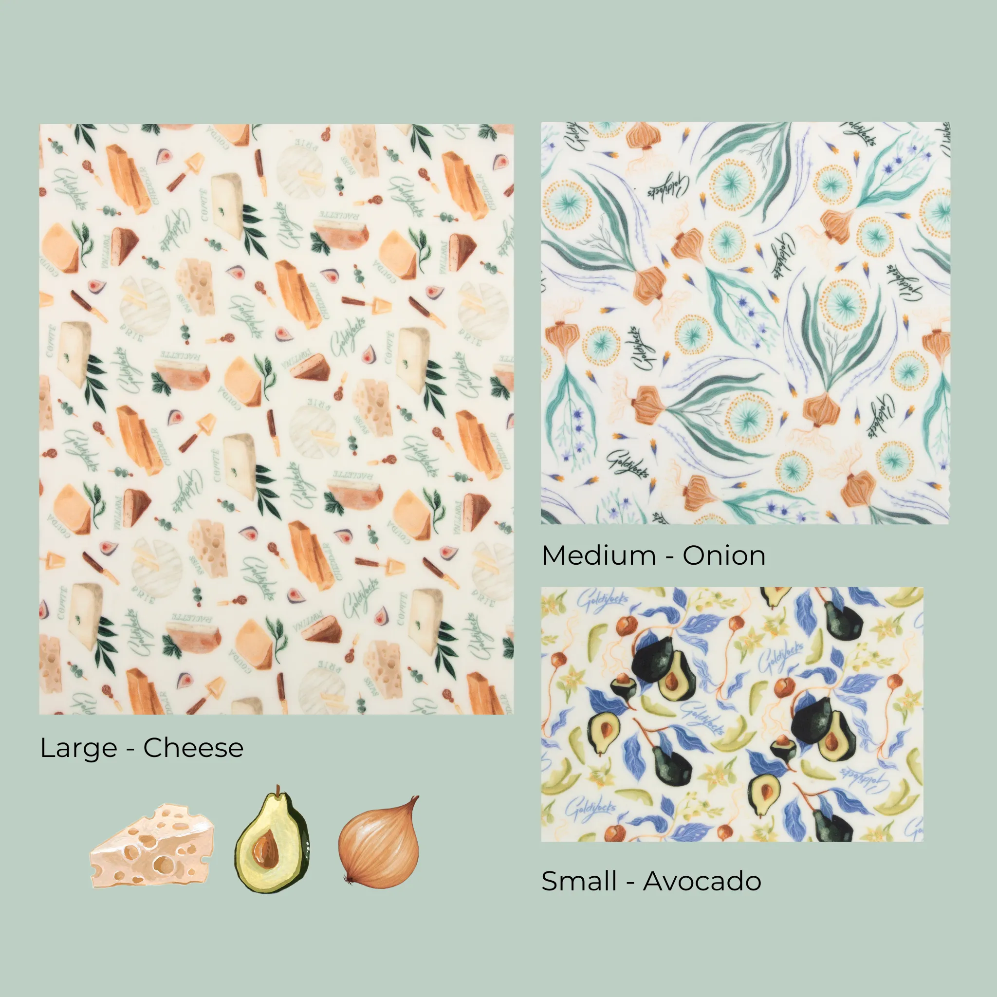 Beeswax Food Wraps: Avocado, Cheese & Onion Set of 3