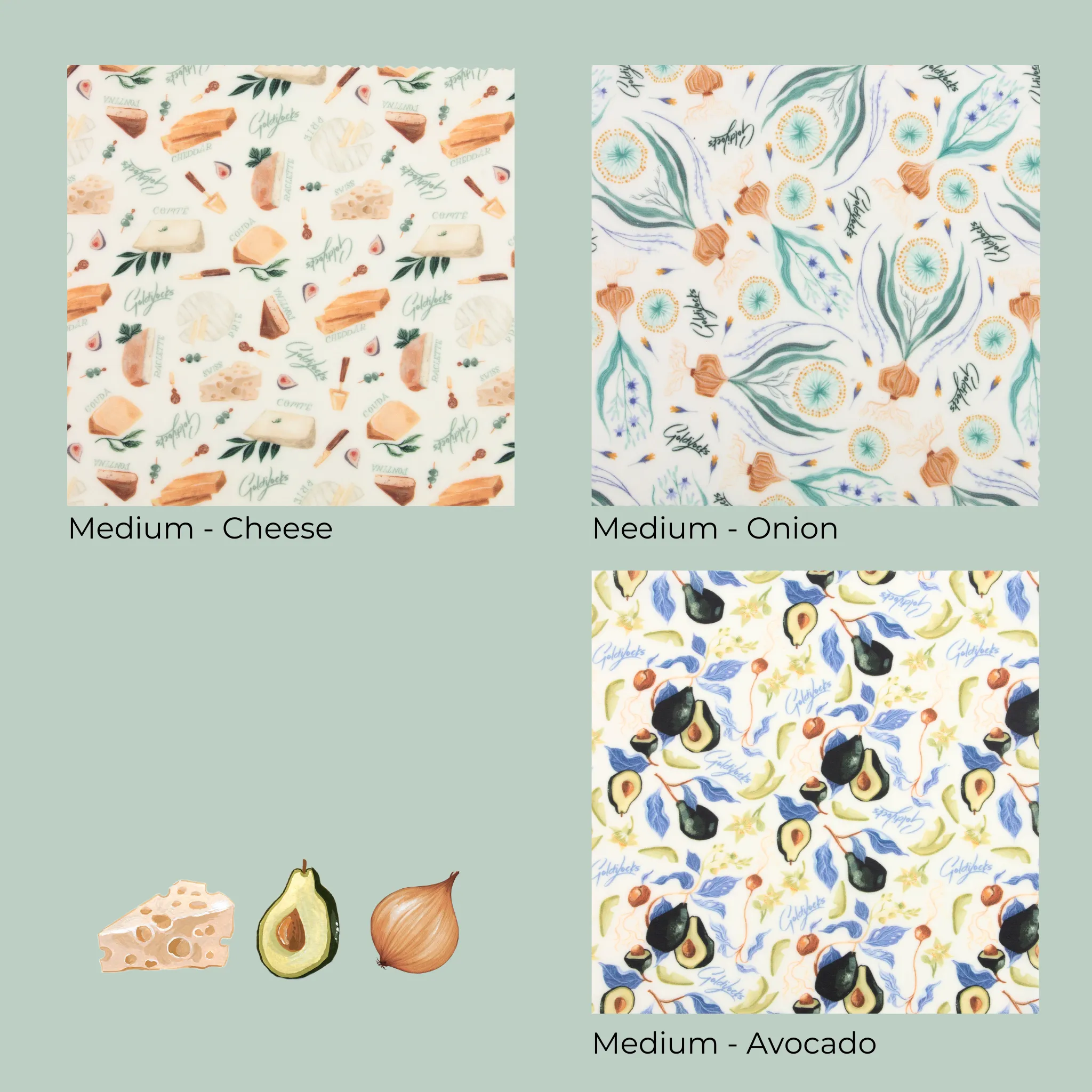 Beeswax Food Wraps: Avocado, Cheese & Onion Single Medium Bundle