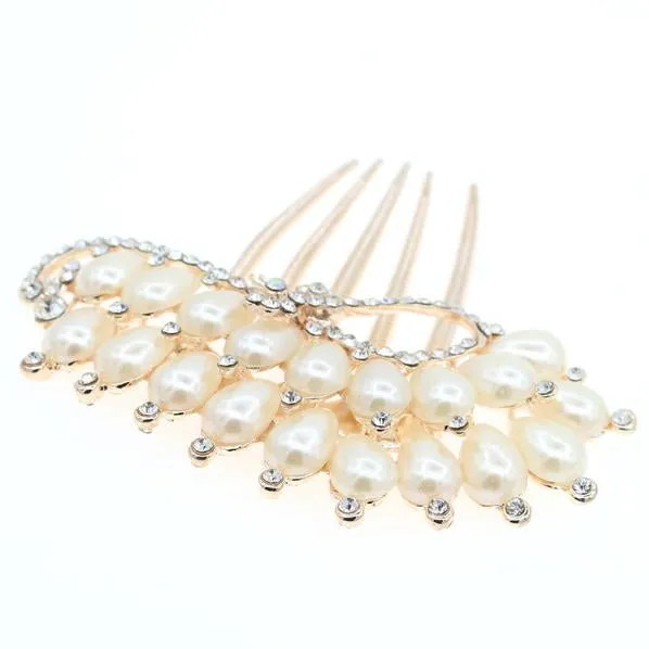 Bridal Floral French Twist Up-do Comb with Rhinestones and Glass Pearls