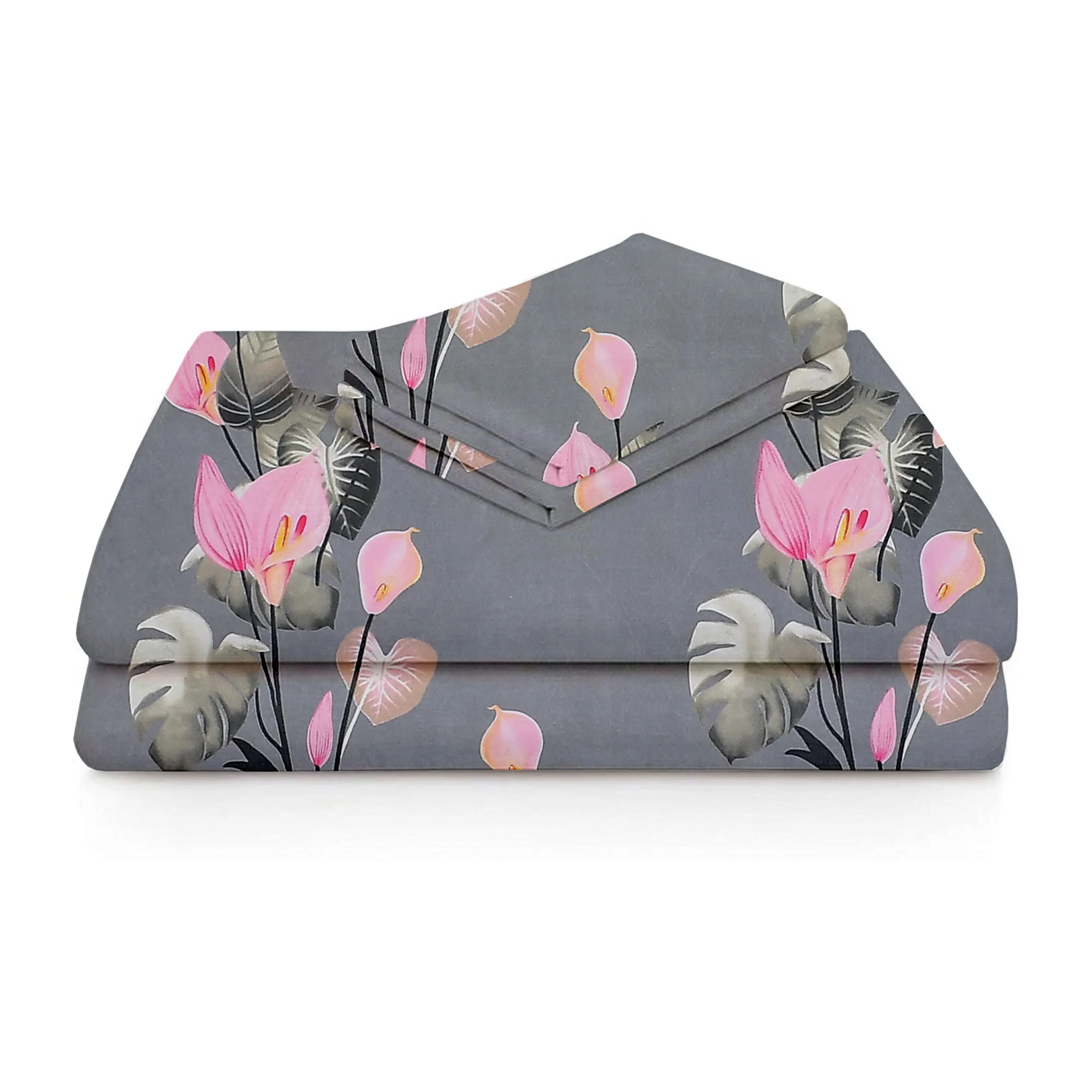 BSB HOME Glace Cotton 220Tc Flat Single Bedsheets for Summer Breathable | Wrinklefree (Size-152 X 228 Cm) with 1 Pillow Covers (Size-17 X 27 Inches, Floral Print Grey & Pink), 220 Tc