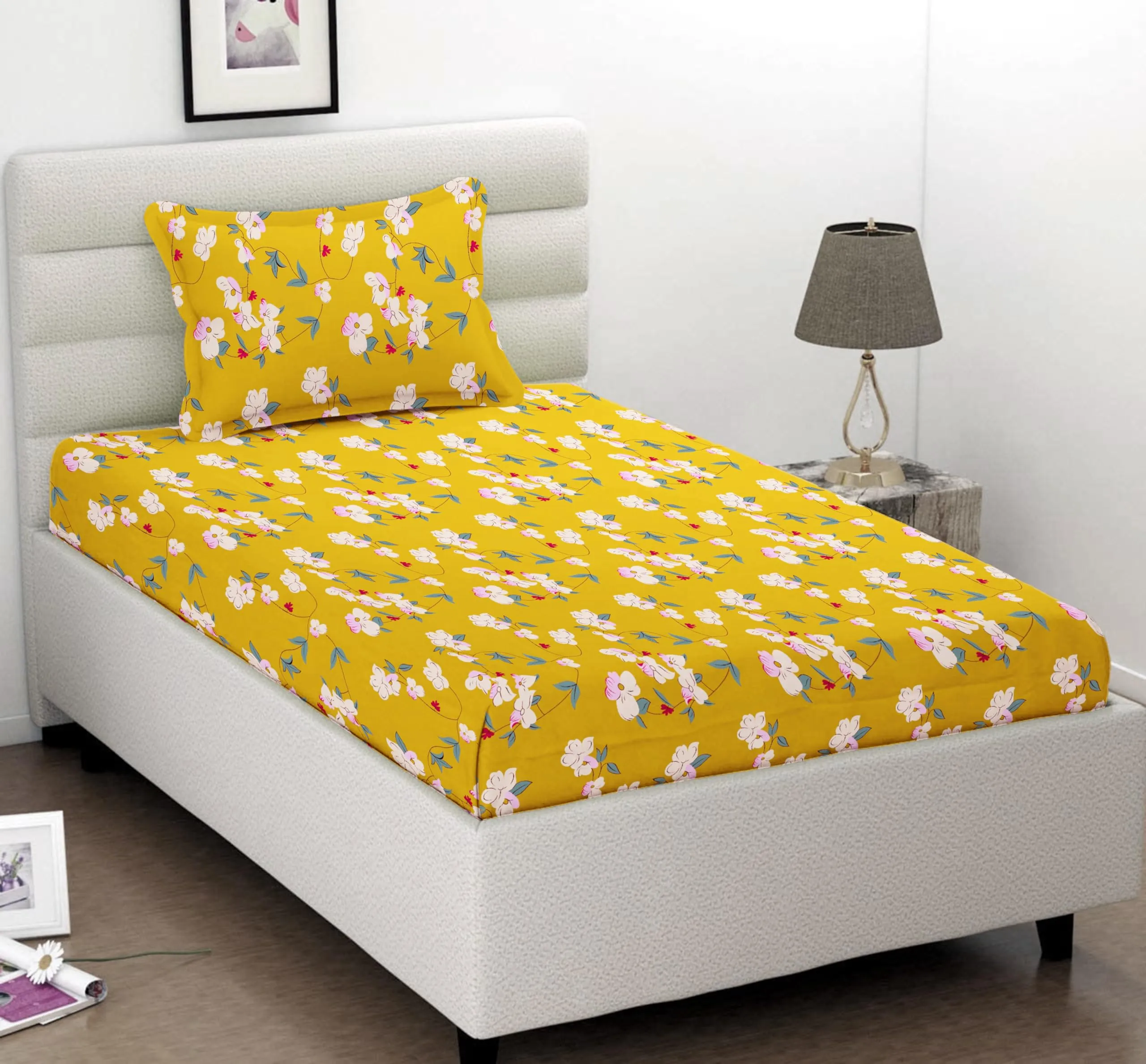 BSB HOME Premium Glace Cotton 180 TC Flat Single Bedsheets Breathable | Wrinklefree (Size-60 X 90 Inch) with 1 King Size Pillow Covers (Size-17 X 27 Inches, Floral, Yellow & Green)