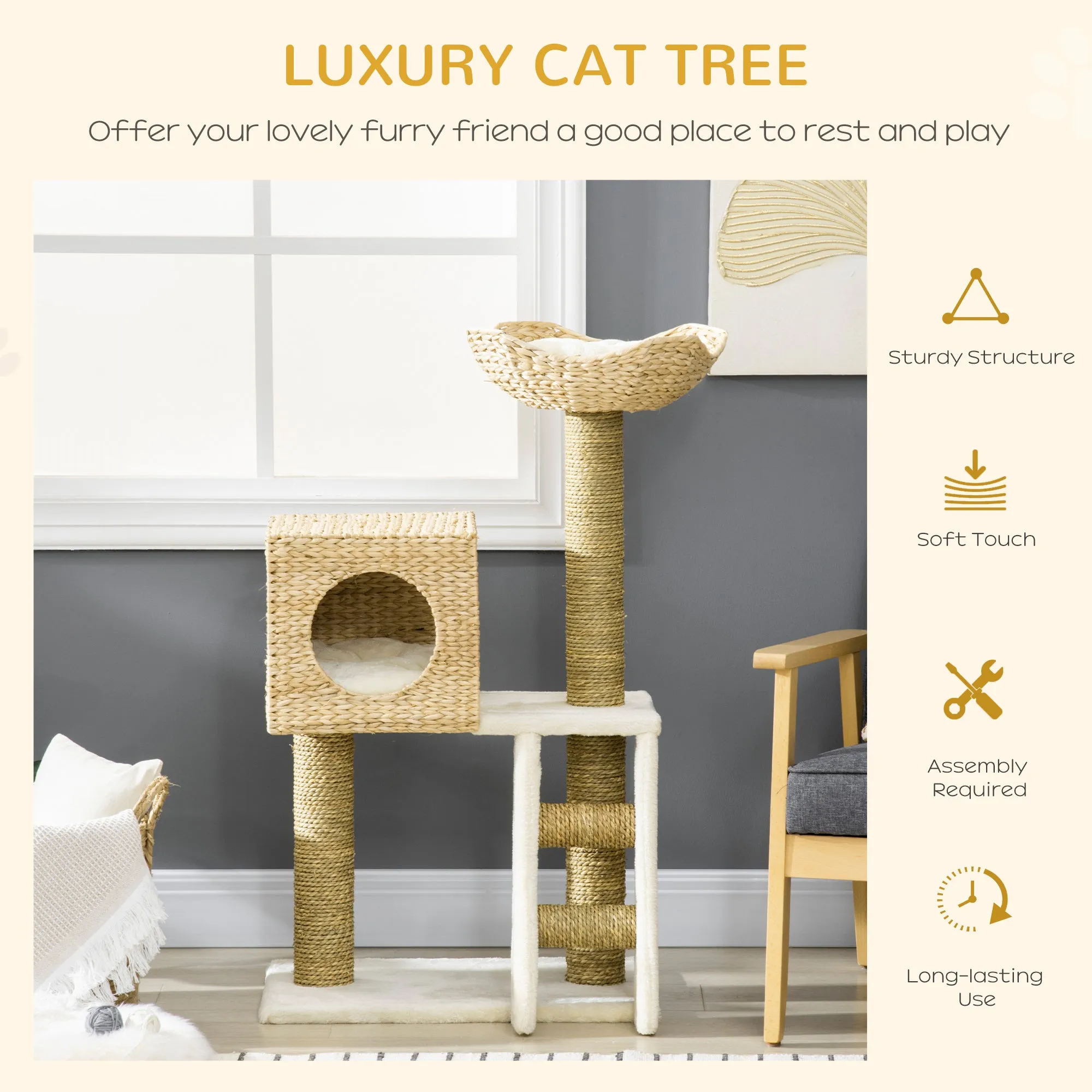 Cat Tree Kitten Tower Cattail Weave w/ Scratching Posts, Bed, House