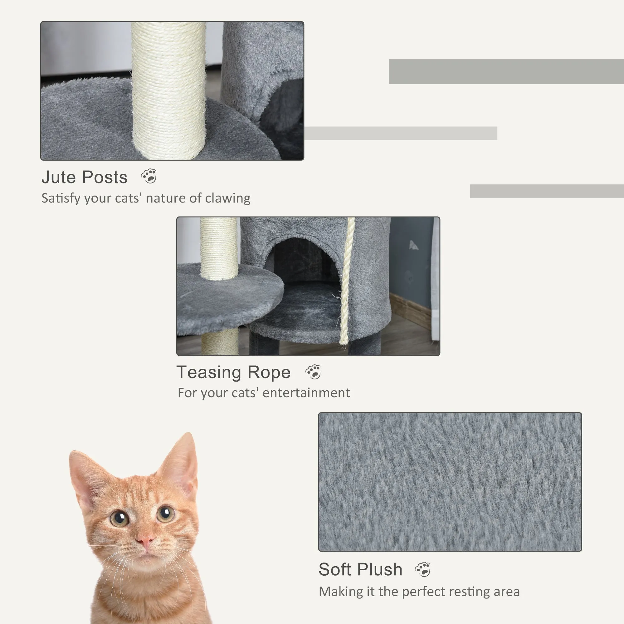 Cat Tree Tower 112cm Climbing Kitten Activity Center with Jute Scratching Post Perch Hanging Ball Toy Teasing Rope grey