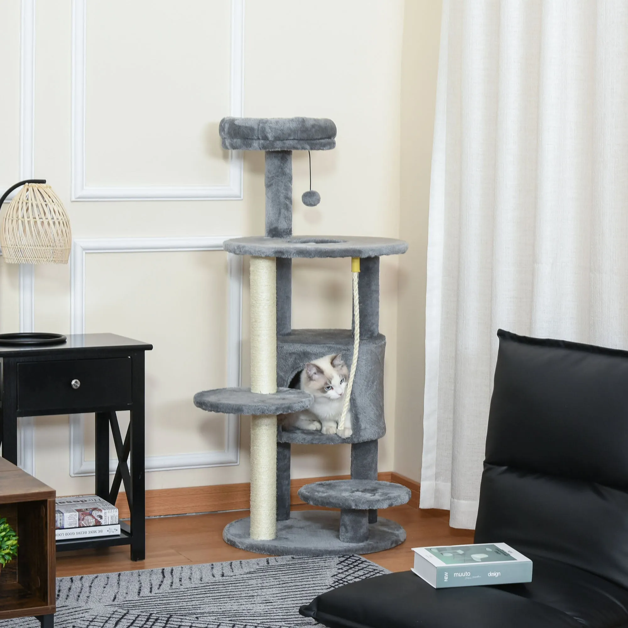 Cat Tree Tower 112cm Climbing Kitten Activity Center with Jute Scratching Post Perch Hanging Ball Toy Teasing Rope grey