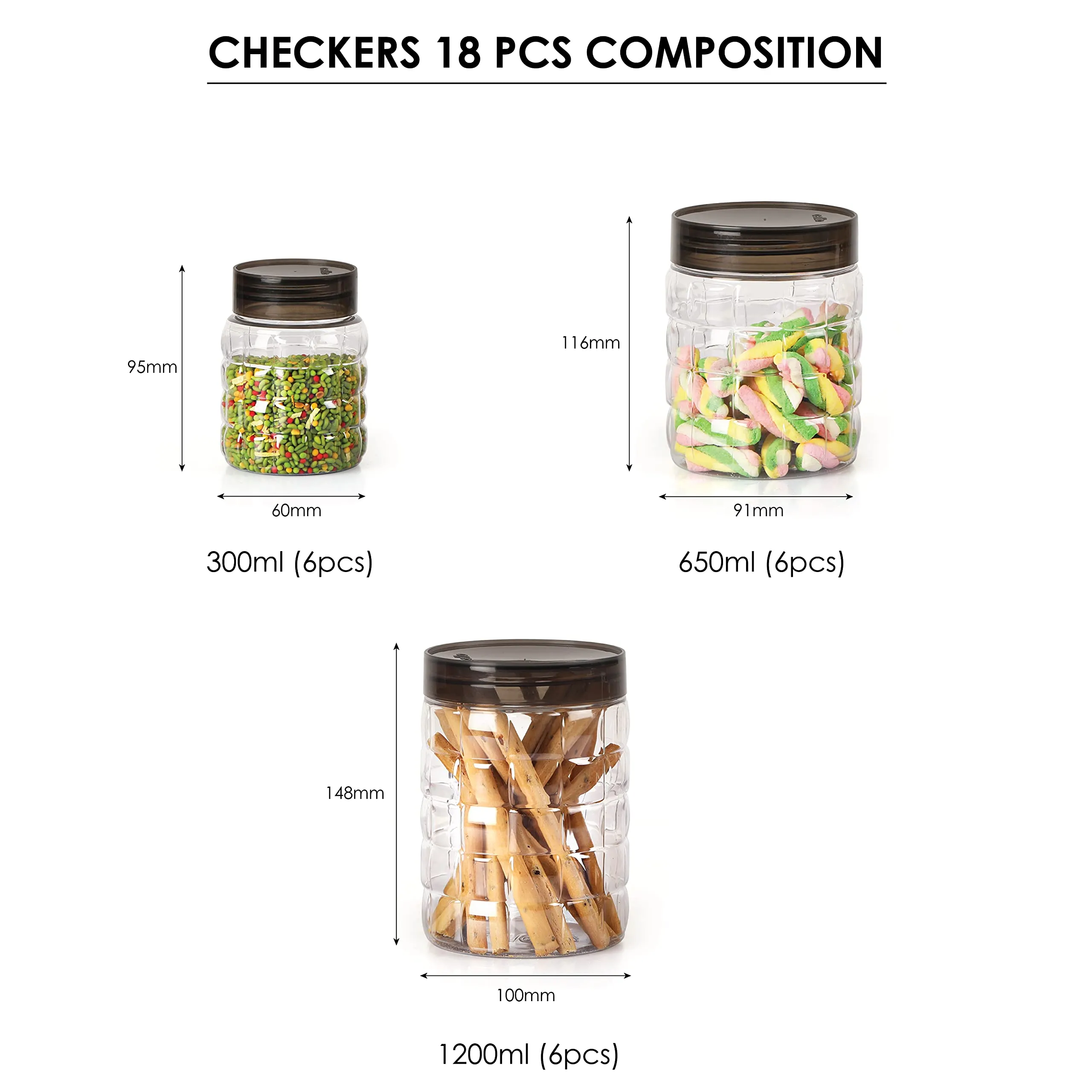 CELLO Checkers Pet Plastic Airtight Canister Set | Food grade and BPA free canisters | Air tight seal & Stackable Transparent | 300ml x 6, 650ml x 6, 1200 x 6, Set of 18