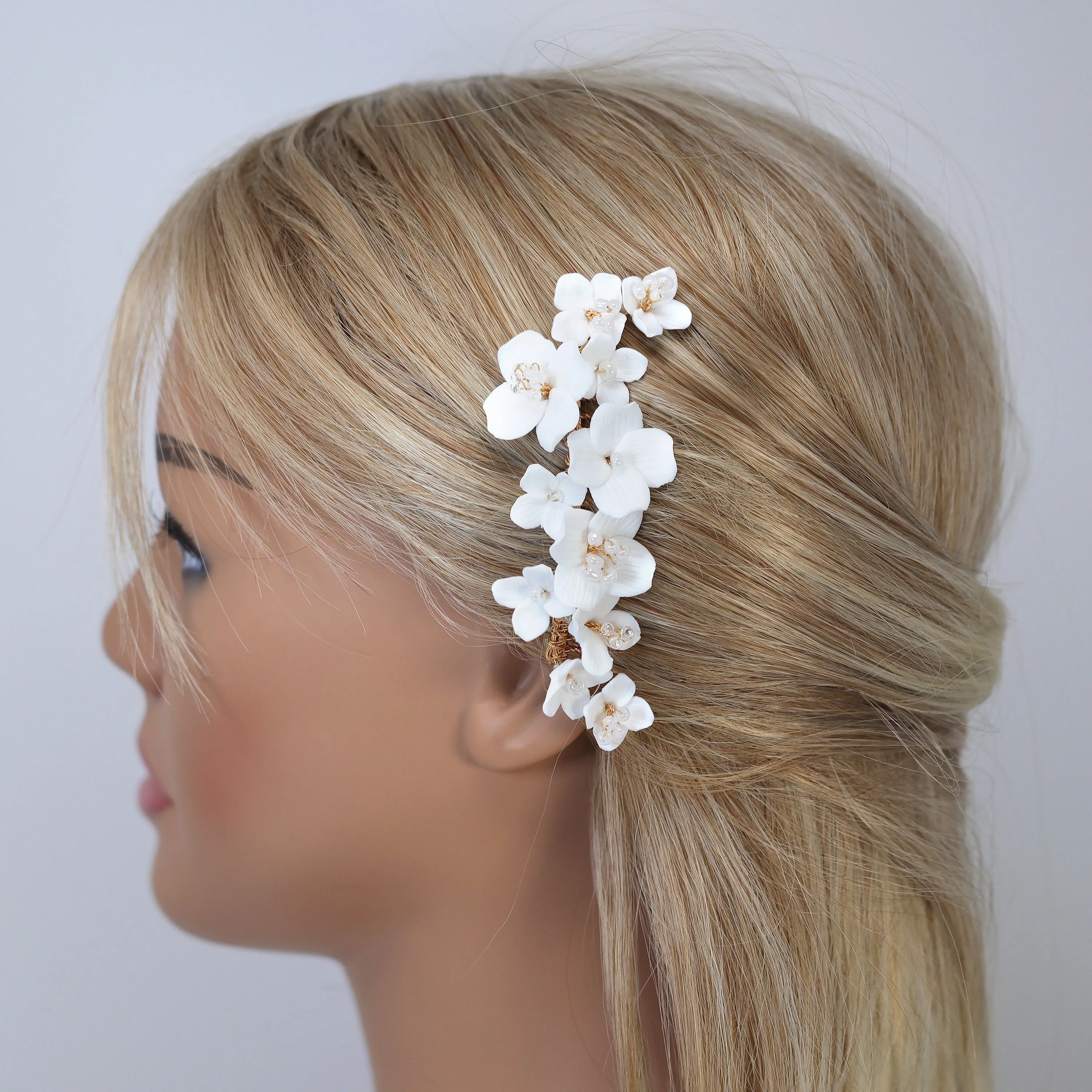 Ceramic White Flowers Pearl Hair comb,  Bridal Gold Finish Hair Piece, Bridal Hair Accessories, Wedding Hair Accessory.