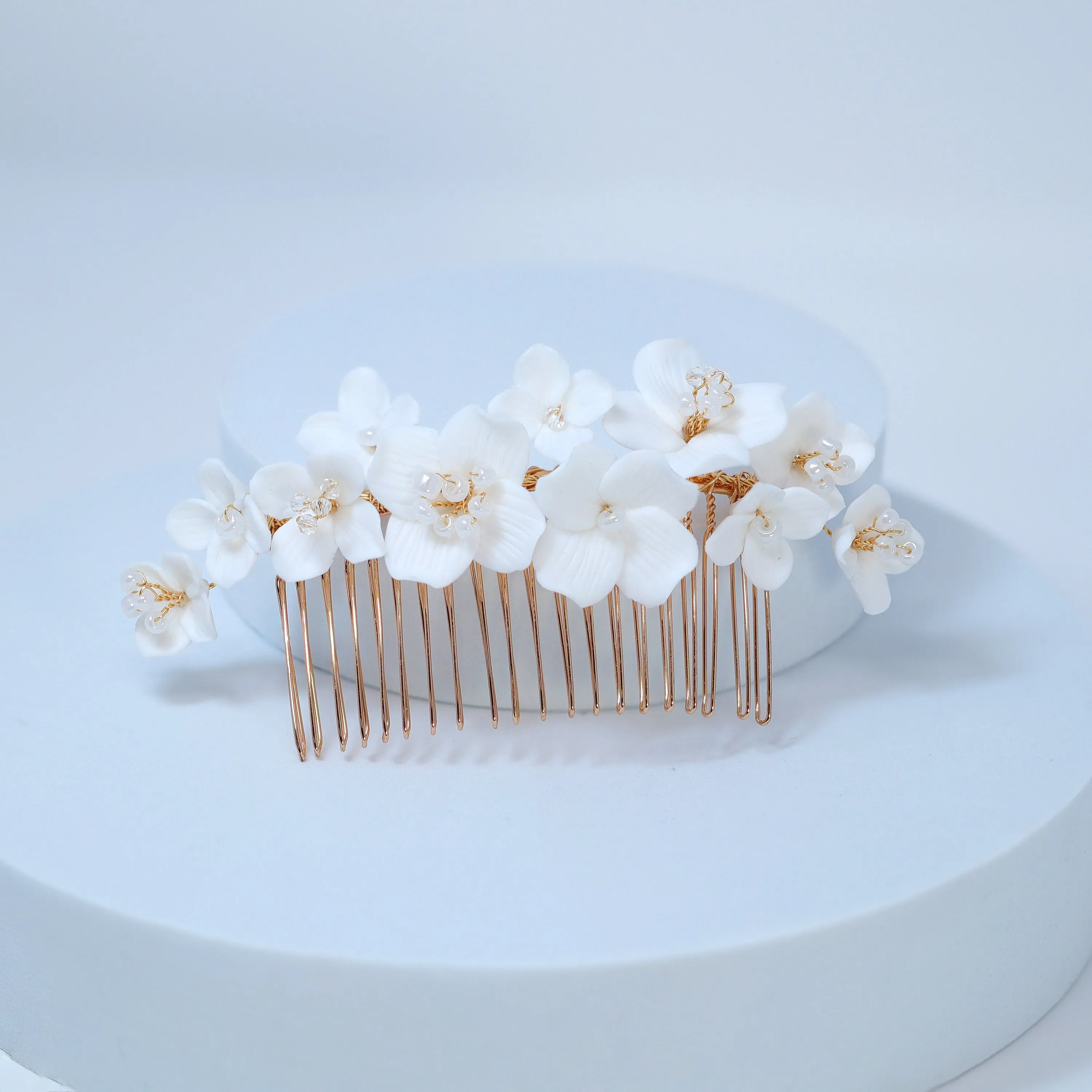 Ceramic White Flowers Pearl Hair comb,  Bridal Gold Finish Hair Piece, Bridal Hair Accessories, Wedding Hair Accessory.