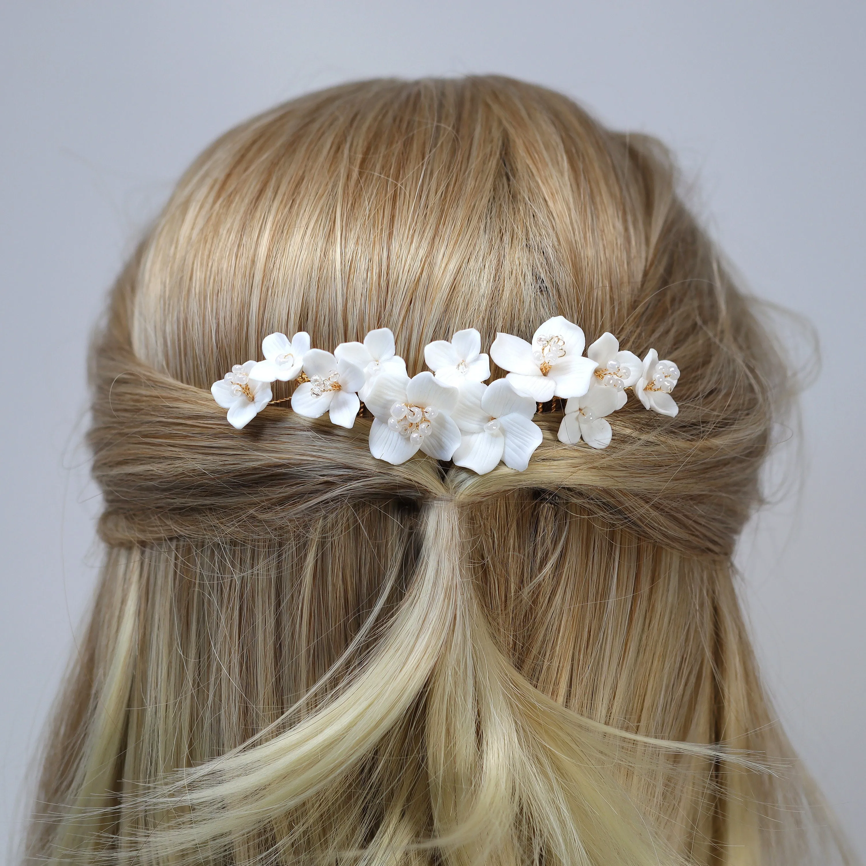 Ceramic White Flowers Pearl Hair comb,  Bridal Gold Finish Hair Piece, Bridal Hair Accessories, Wedding Hair Accessory.