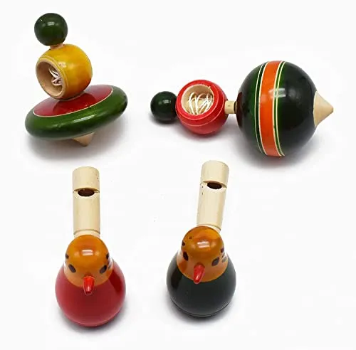 Channapatna Toys Wooden Bird Whistle Toy & Spinning Tops for Kids (1 Year ) - Set of 4 pcs - Multicolor - Discover Sounds