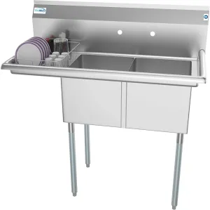 Commercial Kitchen Prep & Utility Sink with Drainboard, 2 Compartment Stainless Steel - Bowl Size 14" x 16" x 11"