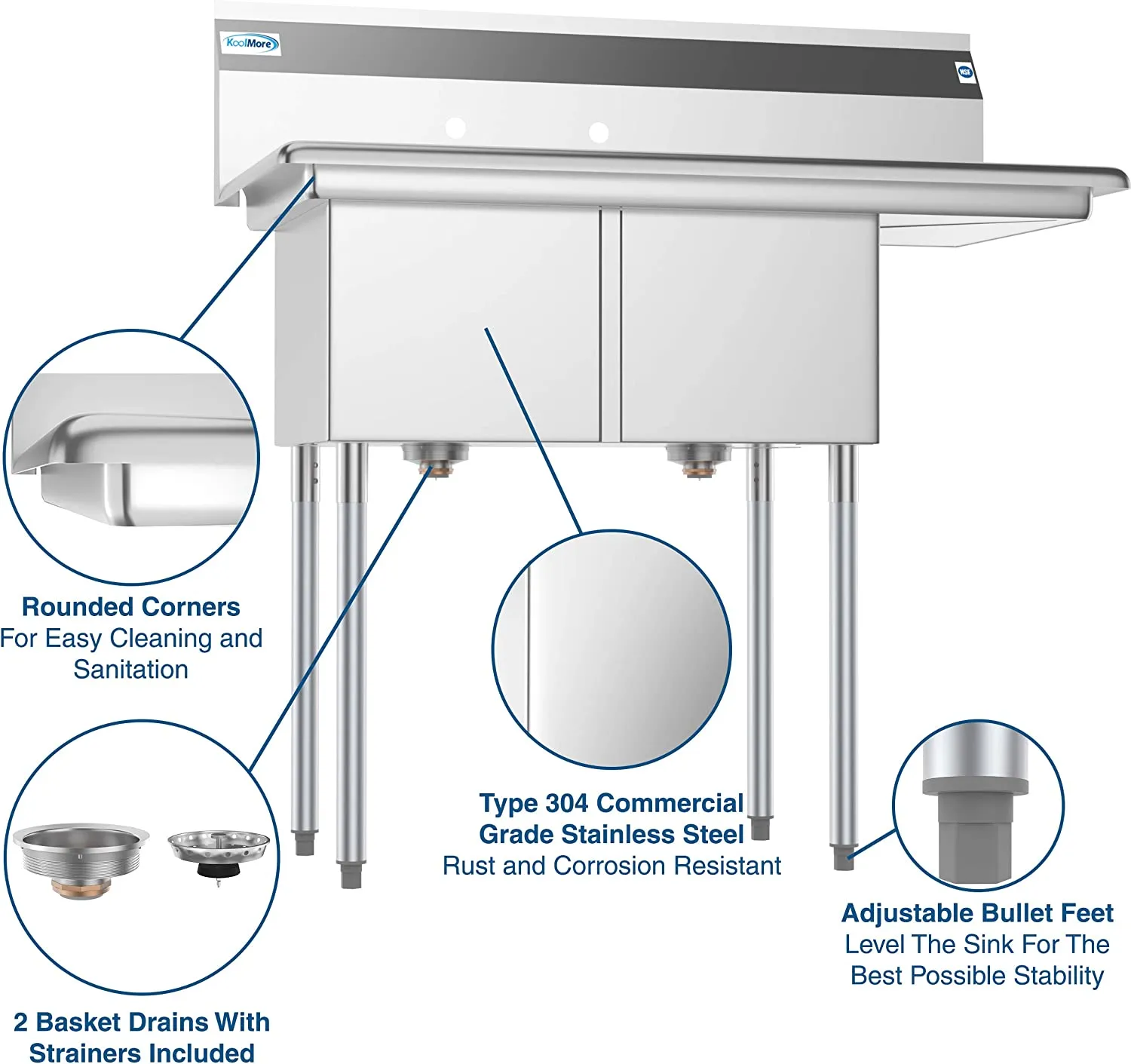 Commercial Kitchen Prep & Utility Sink with Drainboard, 2 Compartment Stainless Steel - Bowl Size 14" x 16" x 11"