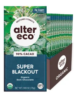 Dark Chocolate Bars, Pure Dark Cocoa, Fair Trade, Organic, Non-GMO, Gluten Free, 12-Pack Super Blackout