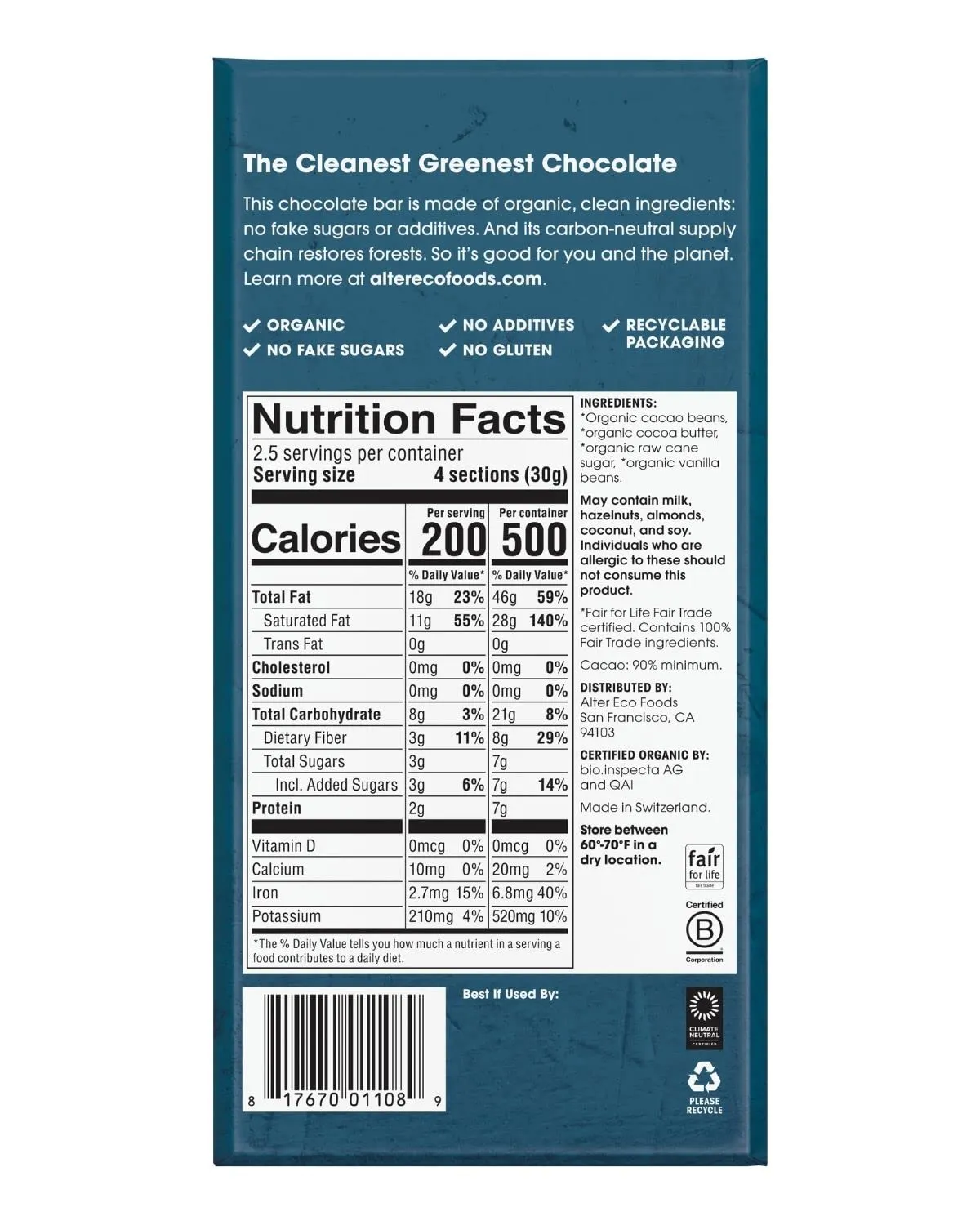 Dark Chocolate Bars, Pure Dark Cocoa, Fair Trade, Organic, Non-GMO, Gluten Free, 12-Pack Super Blackout