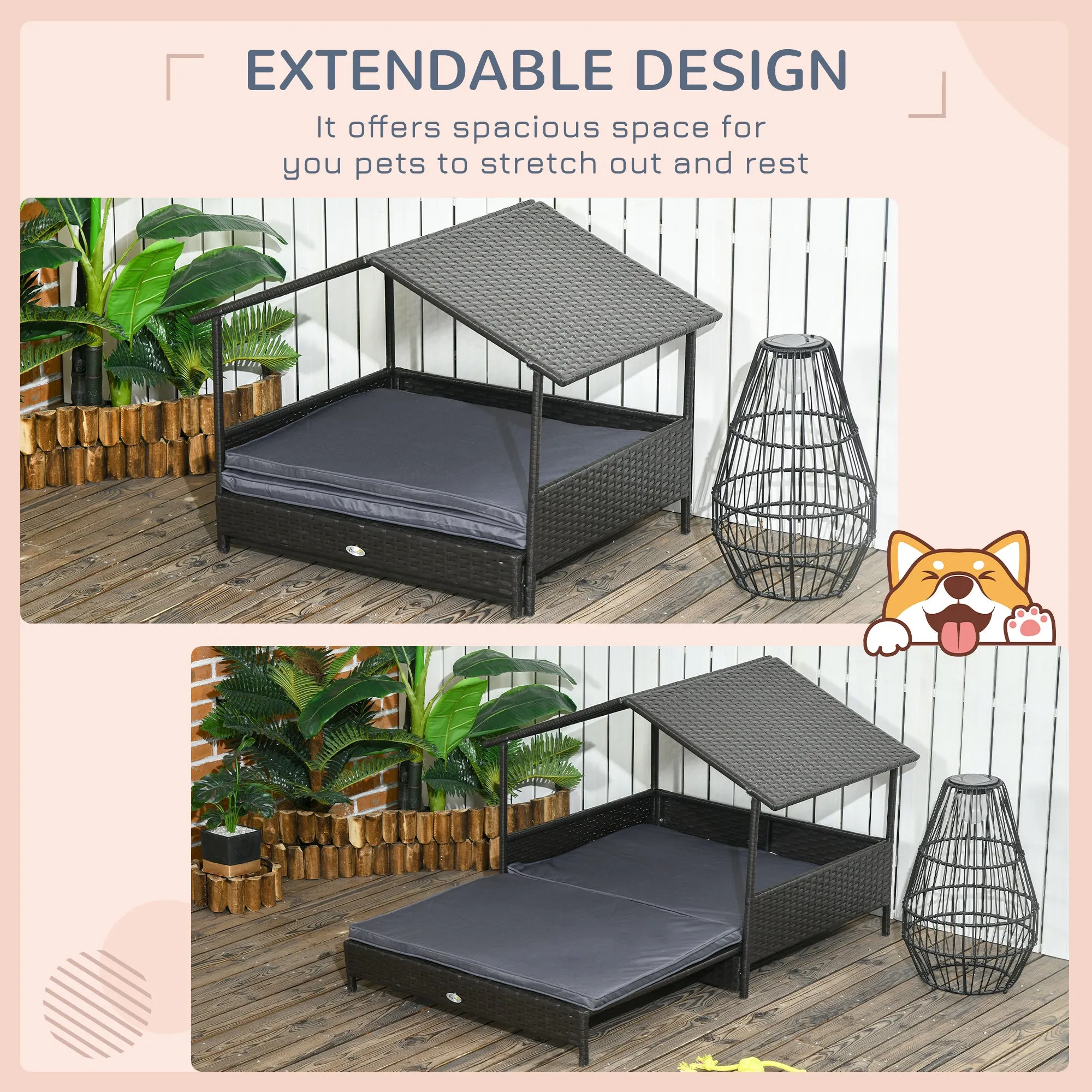 Extendable Elevated Dog Bed, Rattan Dog House w/ Water-Resistant Roof, Removable Cushion, for Small, Medium Dogs - Grey