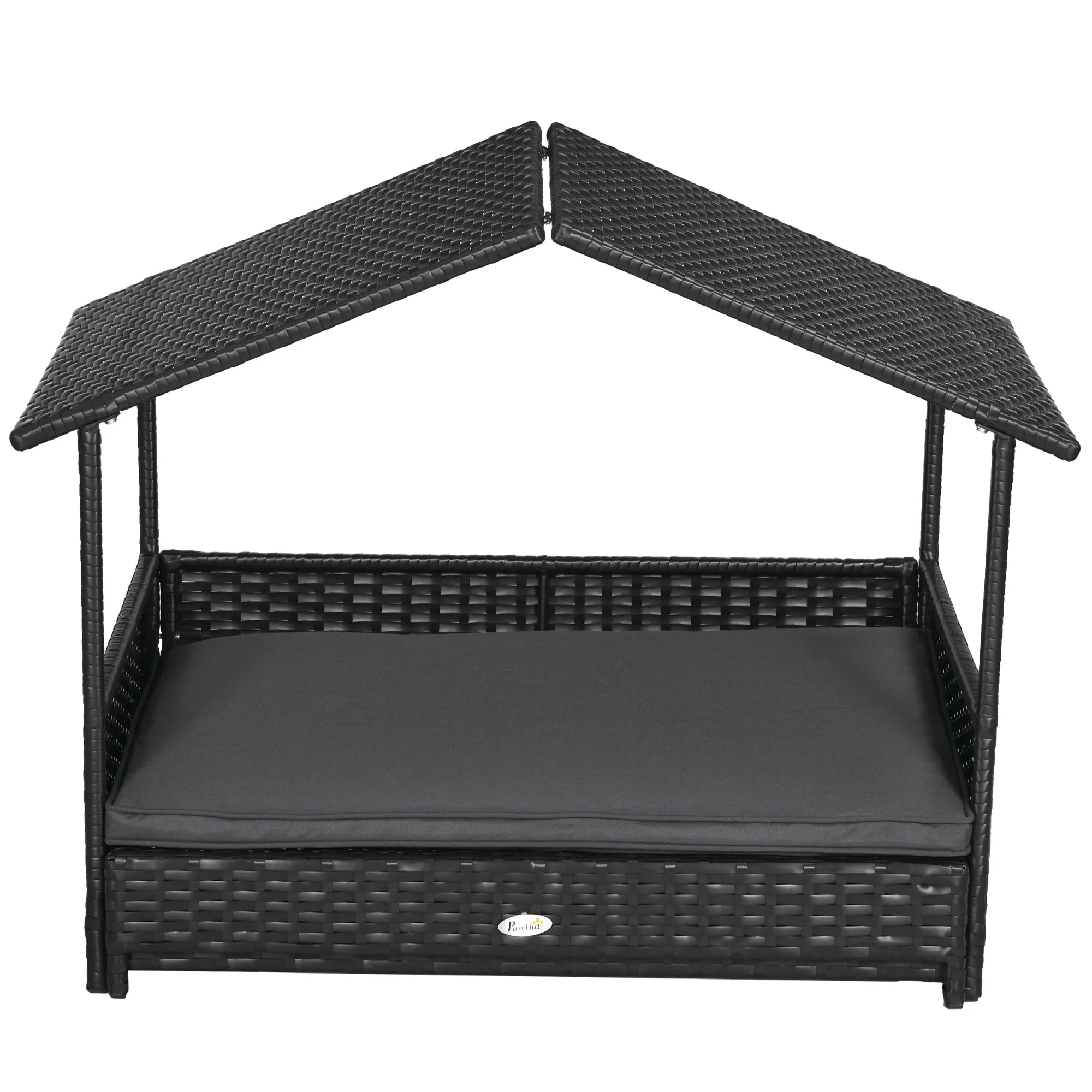 Extendable Elevated Dog Bed, Rattan Dog House w/ Water-Resistant Roof, Removable Cushion, for Small, Medium Dogs - Grey