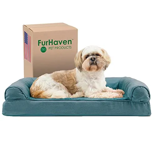 Furhaven Orthopedic Dog Bed for Medium/Small Dogs w/ Removable Bolsters & Washable Cover, For Dogs Up to 35 lbs - Plush & Suede Sofa - Deep Pool, Medium