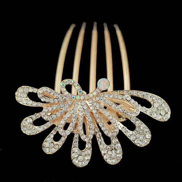 Gold Finish Floral Rhinestone French Twist Comb