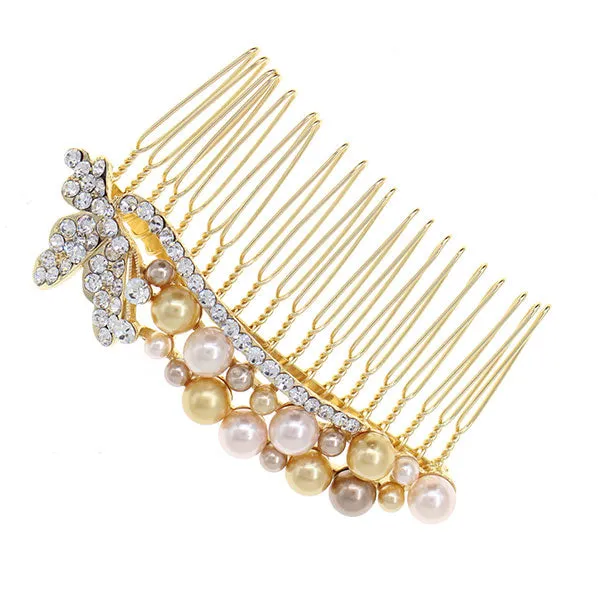 Gold Finish Pearl & Rhinestone Butterfly Bridal Decorative Comb