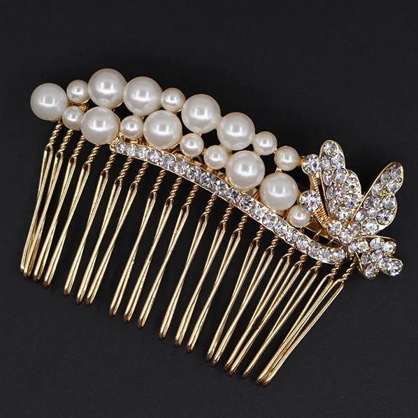 Gold Finish Pearl & Rhinestone Butterfly Bridal Decorative Comb