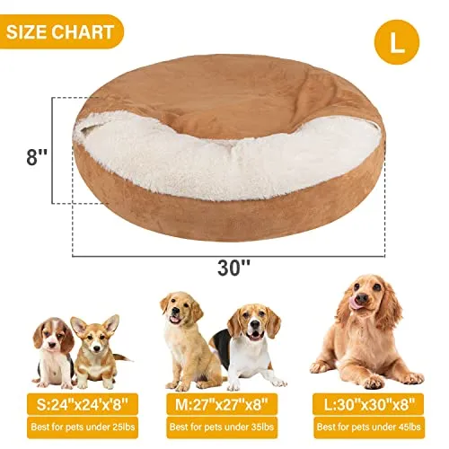 MICOOYO Covered Dog Bed Large - Donut Camling Dog Beds for Large Dogs with Hooded Blankets, Round Cuddler Pet Beds for Puppy Cats Washable (Khaki, 30")