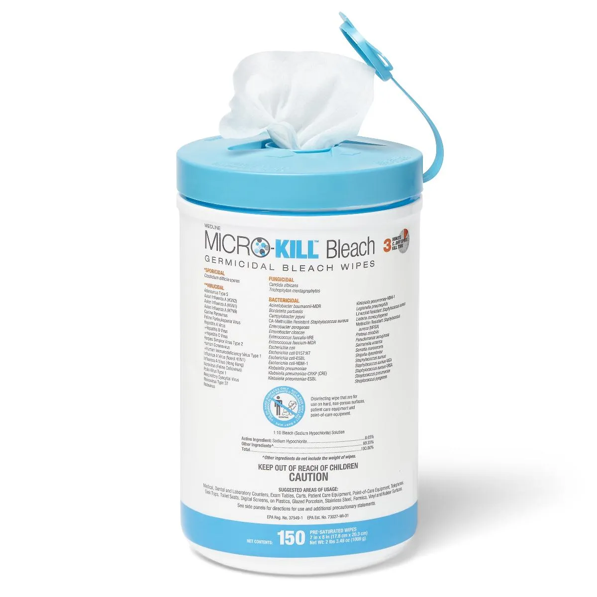 Micro-Kill Bleach Germicidal Bleach Wipes, 7" x 8", 150 count (case of 8)