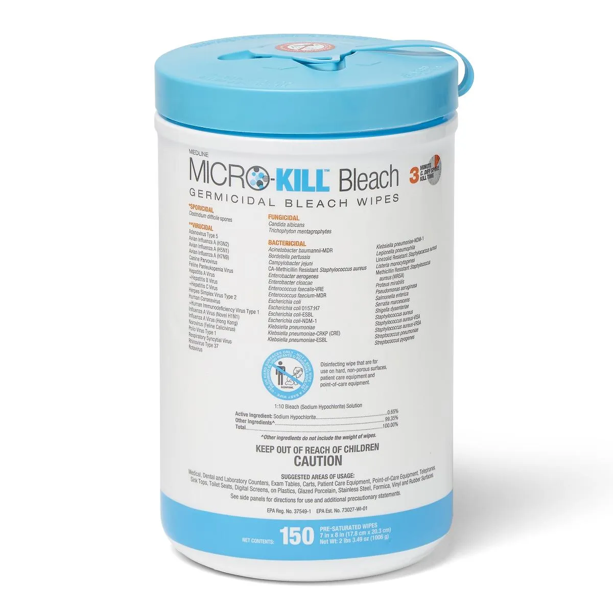 Micro-Kill Bleach Germicidal Bleach Wipes, 7" x 8", 150 count (case of 8)