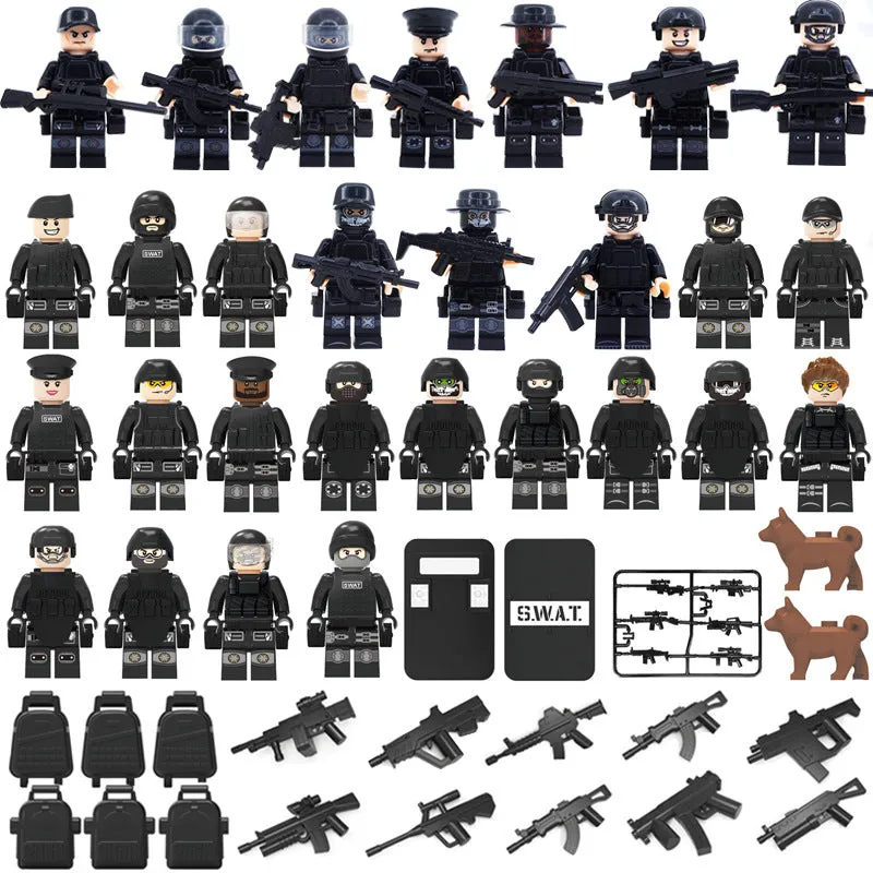 MOC Military Police Building Block Set Black SWAT Small Particle Assembly Doll Toy Toy Bag