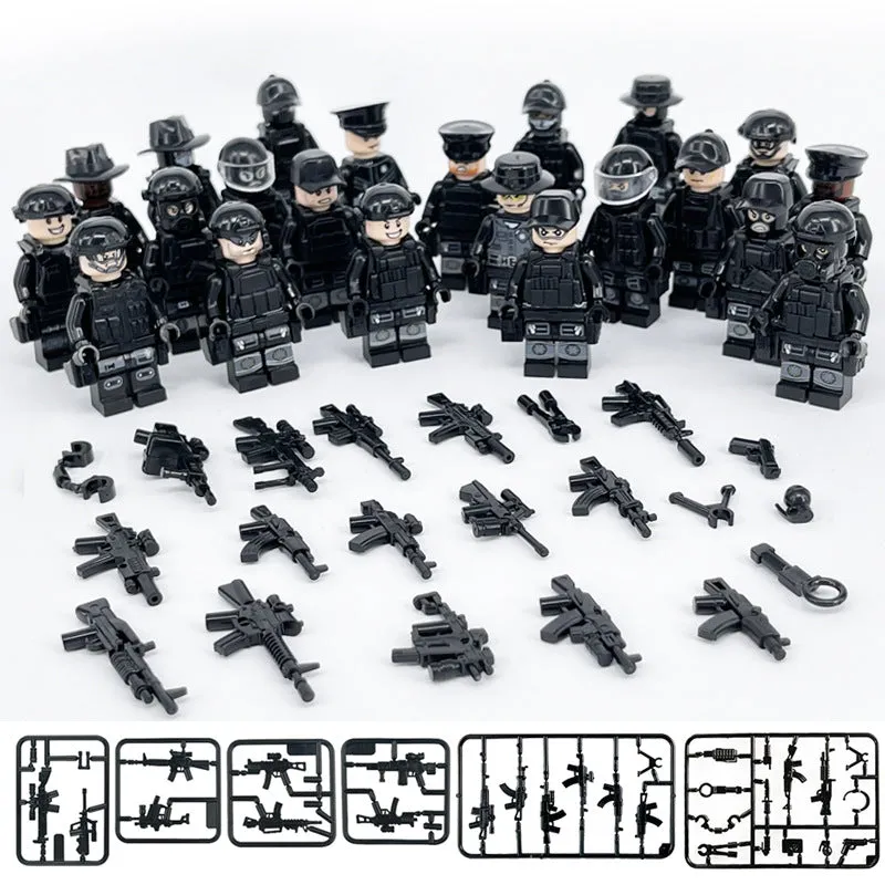 MOC Military Police Building Block Set Black SWAT Small Particle Assembly Doll Toy Toy Bag