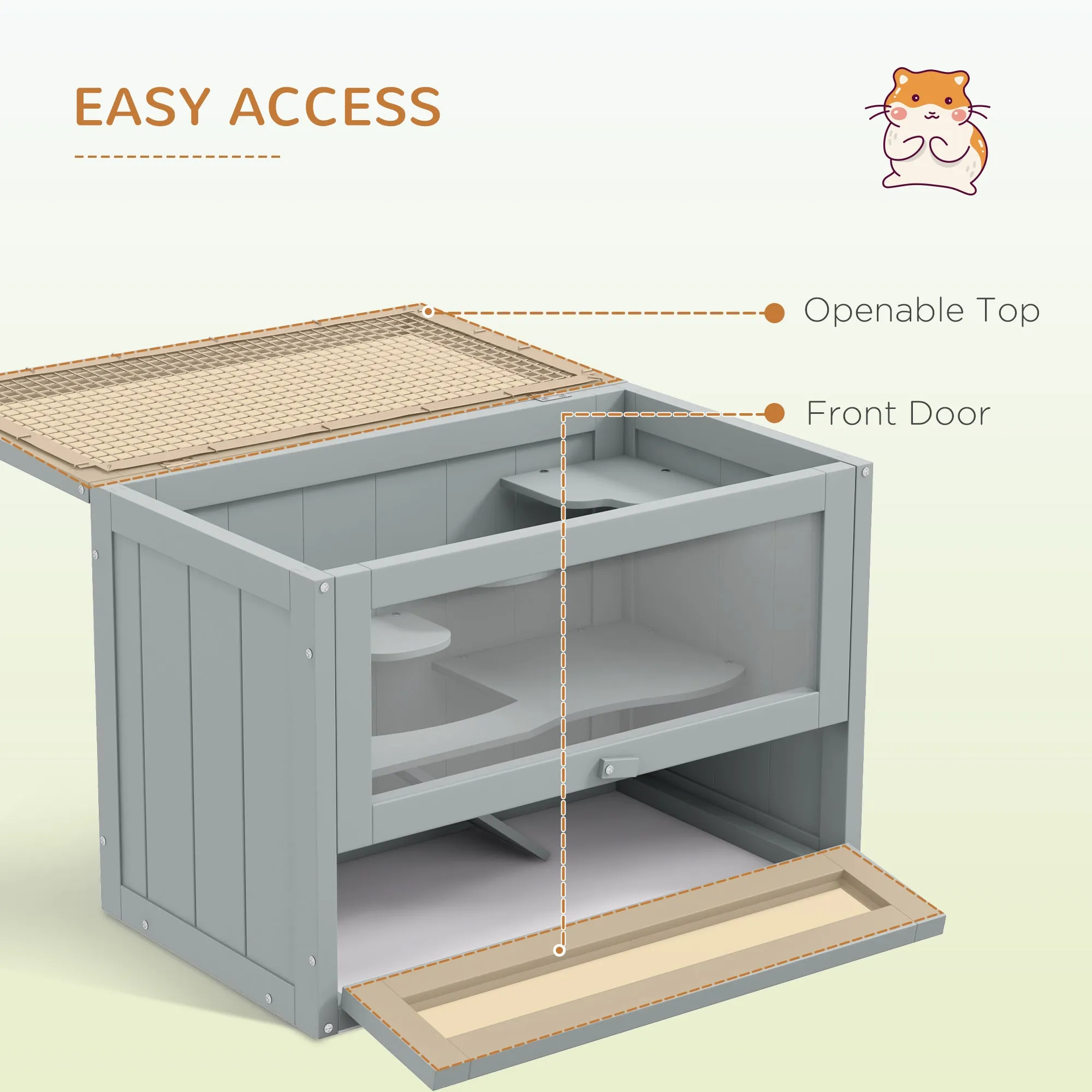 PawHut 2-Level Hamster Cage Mice and Rat House, Small Animal Habitat for Guinea Pigs, Chinchillas with Openable Top, Front Door, Shelf and Ladder, Gray