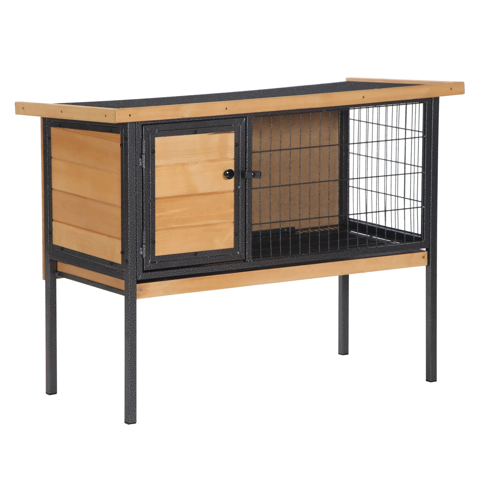 PawHut Rabbit Hutch Elevated Bunny Cage Small Animal Habitat with Metal Frame, No Leak Tray, Mtetal Wire Pan and Openable Water-Resistant Asphalt Roof for Indoor/Outdoor Natural Wood