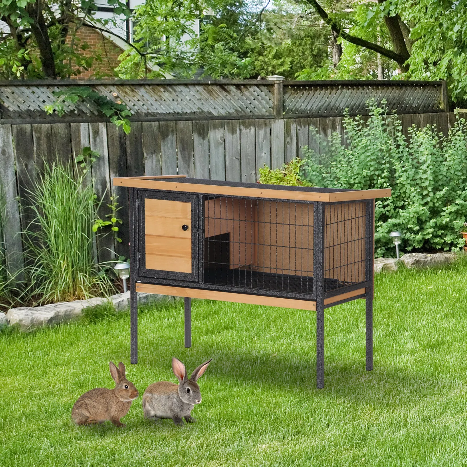 PawHut Rabbit Hutch Elevated Bunny Cage Small Animal Habitat with Metal Frame, No Leak Tray, Mtetal Wire Pan and Openable Water-Resistant Asphalt Roof for Indoor/Outdoor Natural Wood