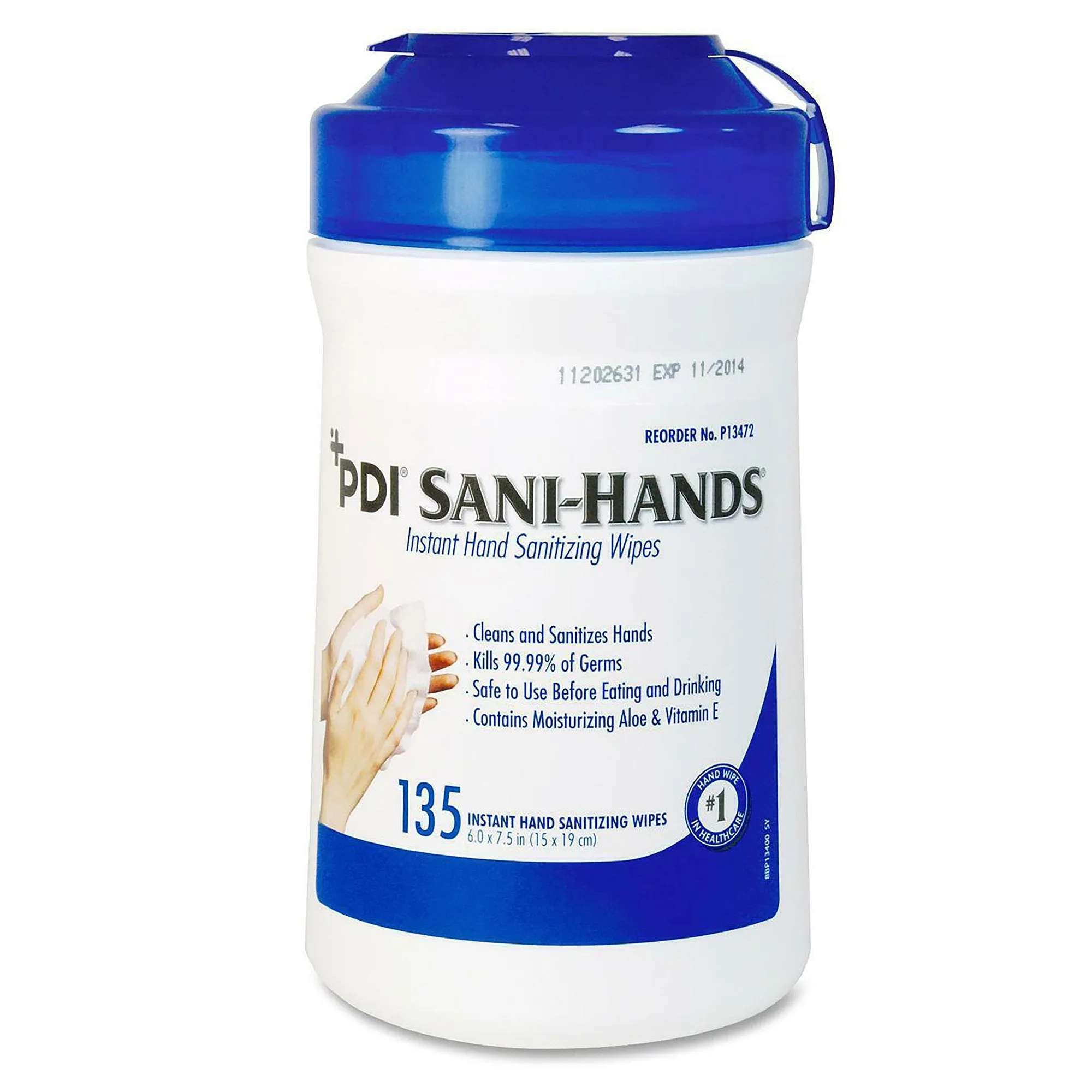 Sani-Hands Hand Sanitizing Wipes, Ethyl Alcohol, Canister, Unscented, 6 X 7.5 Inch