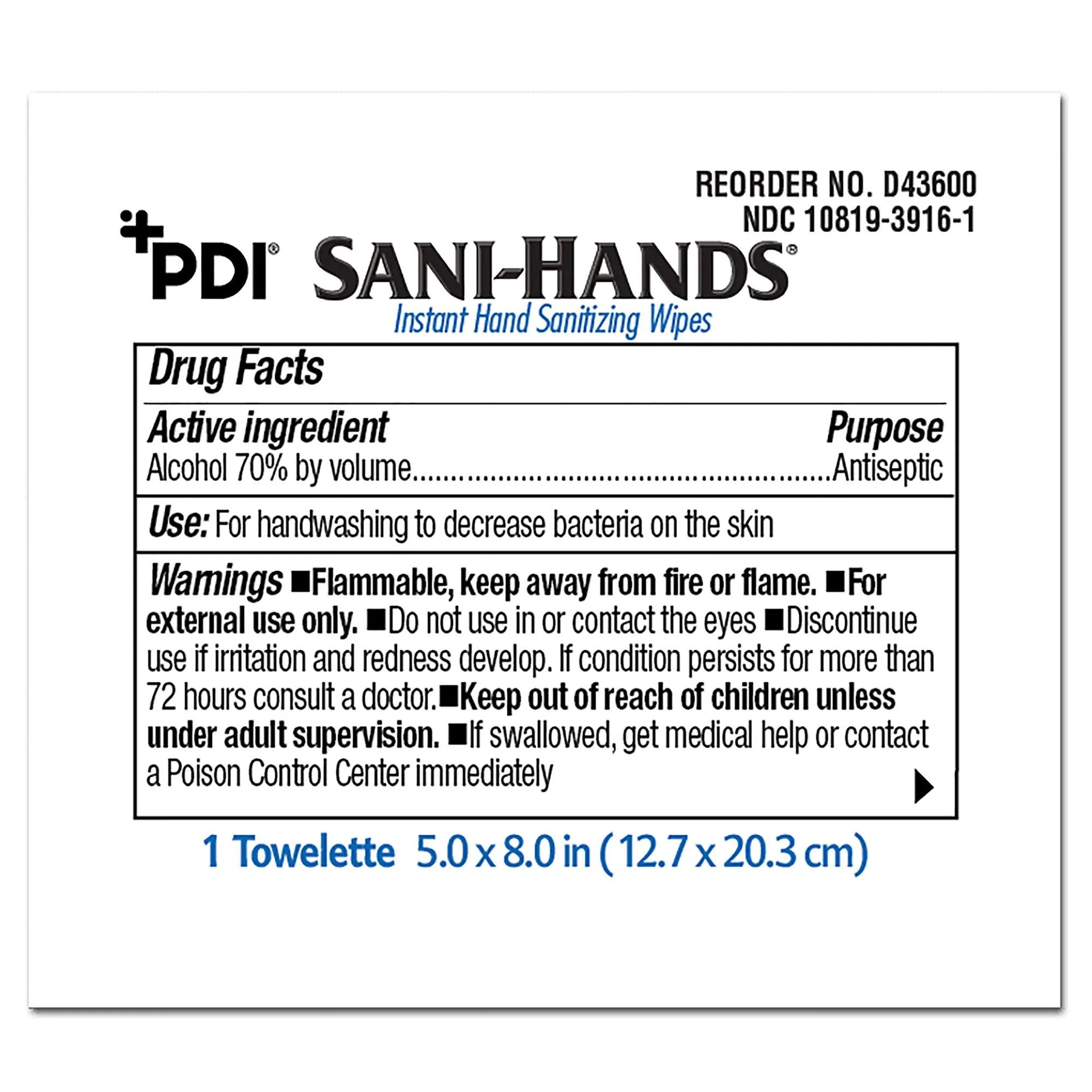 Sani-Hands Hand Sanitizing Wipes, Ethyl Alcohol, Unscented, 5 X 8 Inch