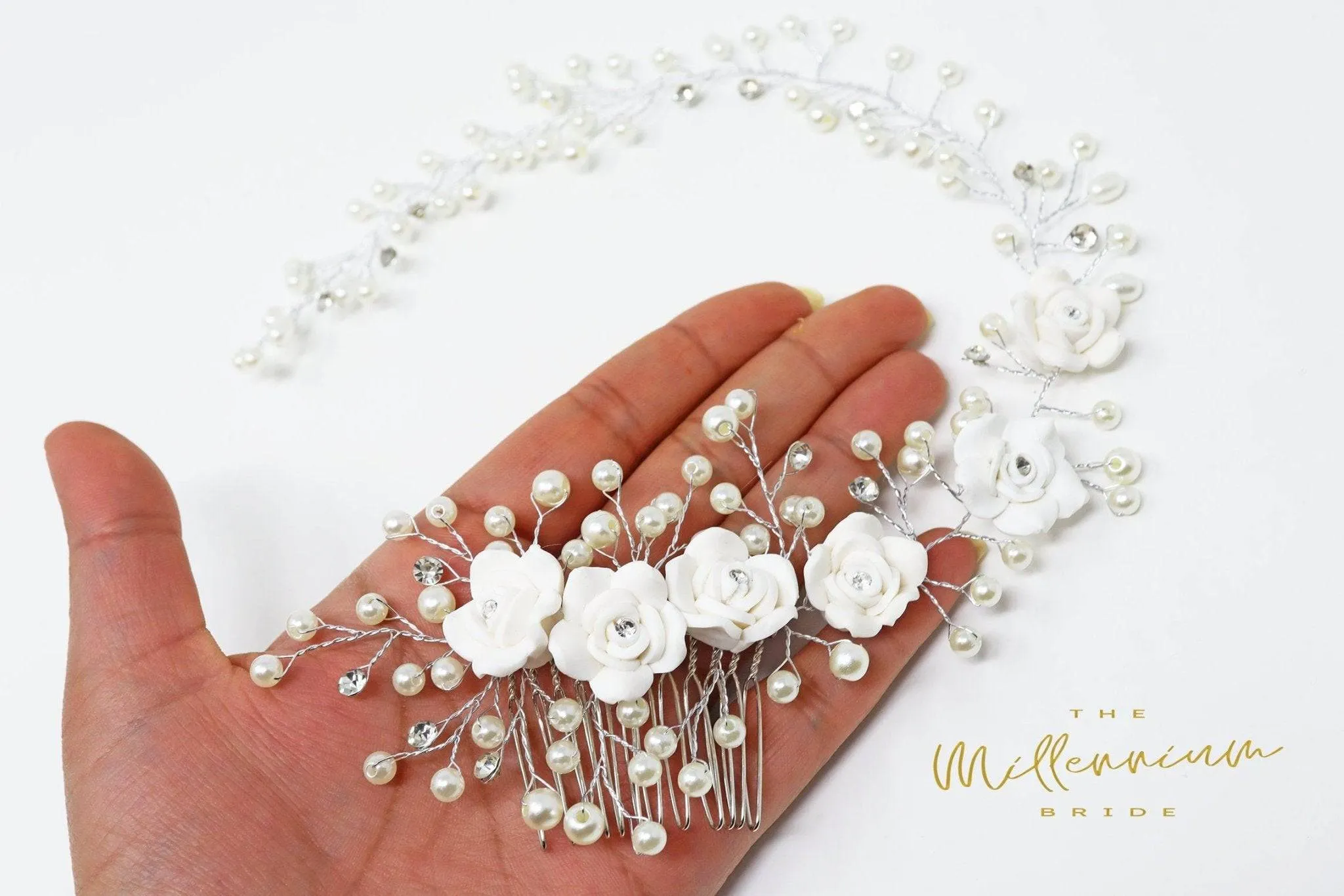 White Ceramic Flowers Crystal & Pearl Hair Comb, Bun Comb, Bridal Hair piece, Bridal Hair Accessories, Wedding Hair Accessory.